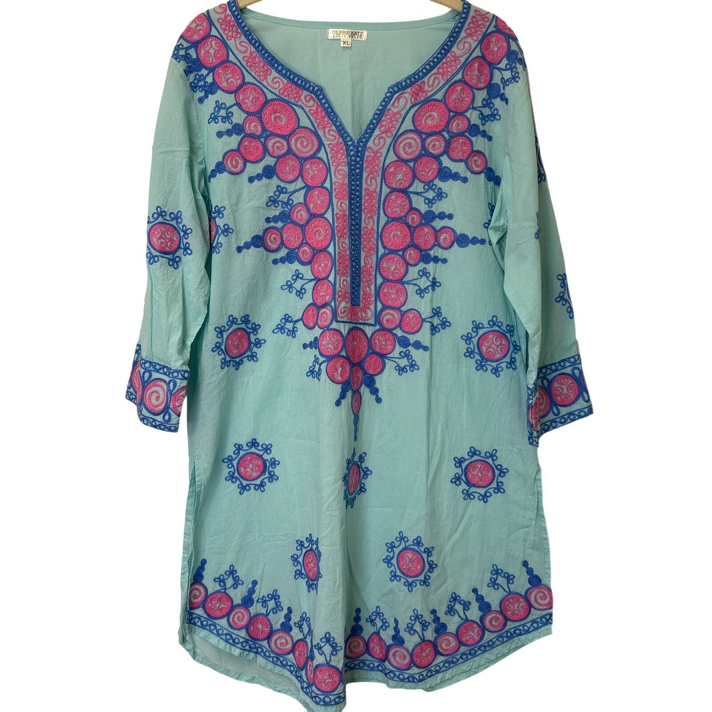 Debbie Katz Women's Aqua Beach Cover Up Embroidered Tunic In XL Boutique‎
